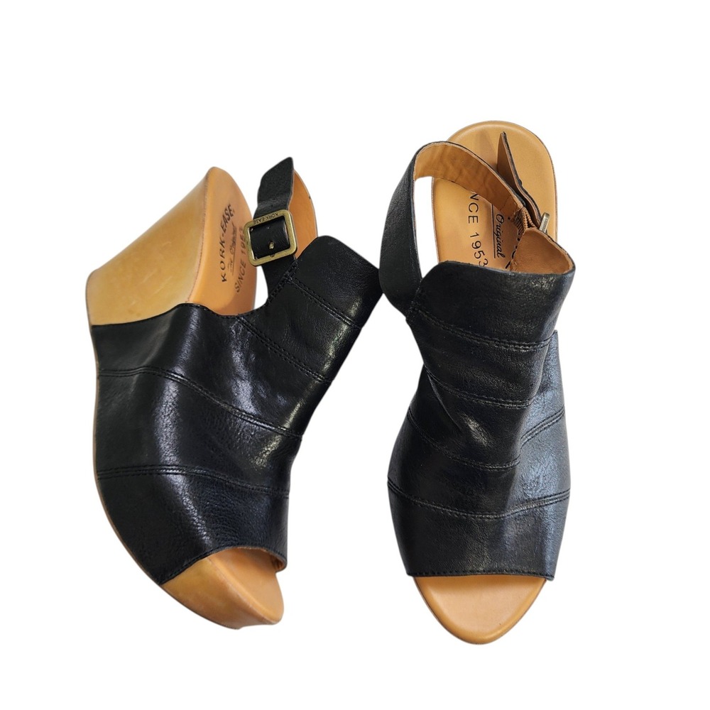Kork Ease Womens Bergen Wedge Size 9 Black Open Toe Adjustable‎ Strap Leather
